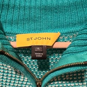 St. John Sport 100% Wool Teal and White Knit Zip-Up Sweater